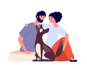 Dog owners. Isolated animal friends, pet and people. Happy smiling man woman with puppy. Young couple, hug and friendship vector concept. Dog and people, happy person illustration