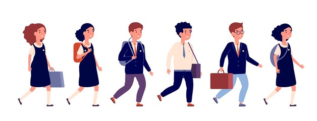 Elementary school students. Cartoon preschool kid, group different pupils. Flat happy children walking with bag backpack vector illustration. School student go to education