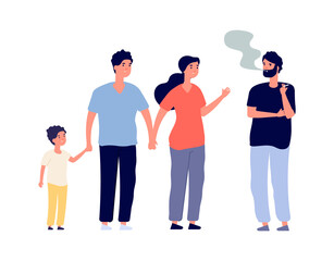 Fototapeta premium Passive smokers. Guy smoking in public place. Family with children and man with drug or nicotine addiction. Bad habit vector illustration. Smoke addiction character, person man smoking