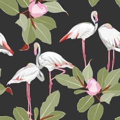 Seamless pattern with white flamingos and pink green magnolia flowers branch with leaves. Simple design for fabric. Light pattern. Black background.
