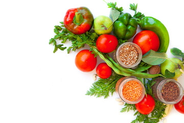 different vegetables and fruits on a white isolated background.
