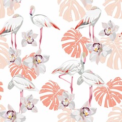 Seamless pattern with white flamingos and tropical orchid flowers and orange monstera leaves. Simple design to fabric. Light pattern. White background.