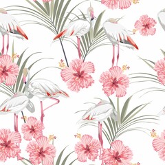 Seamless pattern with white flamingos and pink tropical hibiscus flowers. Simple design to fabric. Light pattern. White background.