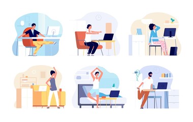 Office syndrome. Stretching exercise, neck back shoulder stretch. Sitting work from home, fitness workout for freelancer vector illustration. Office body syndrome, business stretching for health