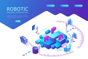 Robotic process automation landing page template with robots working with data, arms moving files, extracting information from websites, digital technology service, 3d isometric vector illustration
