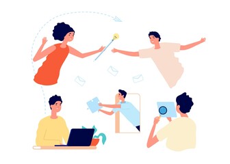 Creative team working. People thinking, idea finding and implement. Brainstorming, woman man office managers, daily work process vector illustration. Idea team, partnership business people