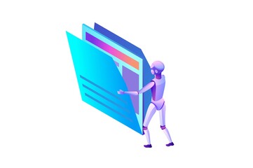 Data analysis, files and folders, robot moving documents, kpi analytics, digital technology in finance, big research isometric illustration, 3d isometric background