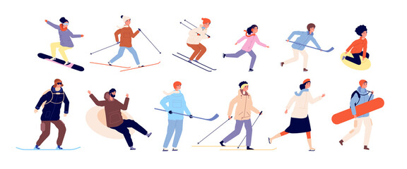 Fototapeta na wymiar Winter activities with kids. Sports couples, christmas holiday time. Isolated skating ski snowboard and hockey characters vector illustration. People sledding activity outdoor winter