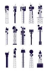 Fototapeta premium Antenna tower silhouettes. Isolated communications equipment, media radio telecommunications constructions. Network vector set. Antenna broadcast communicate, network construction illustration