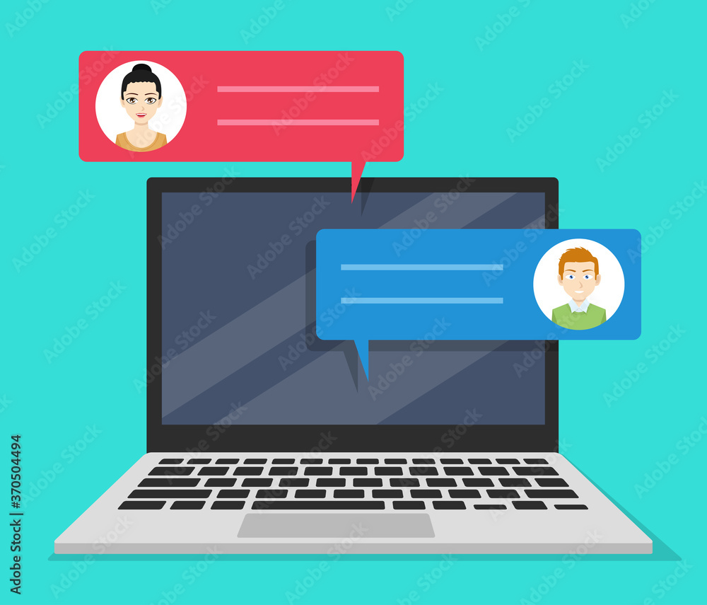 Poster vector illustration of notebook with chat conversation on screen.