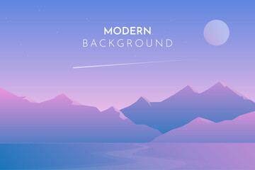 Night on mountains. Moon and stars. Abstract landscape, Vector banner with polygonal landscape illustration, Minimalist style