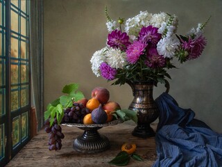Still life with bouquet of flowers and fruits © Iryna