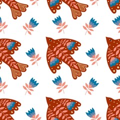 Vector seamless pattern of birds and flowers in folk art. For sublimation design, printing, poster design, postcard making, stationery, fabric printing, blog design, logos, packaging.