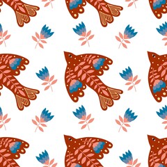 Vector seamless pattern of birds and flowers in folk art. For sublimation design, printing, poster design, postcard making, stationery, fabric printing, blog design, logos, packaging.