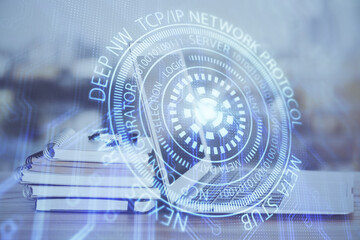 Double exposure of computer and technology theme hud. Concept of innovation.