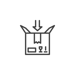 Add parcel box line icon. linear style sign for mobile concept and web design. Cardboard box and arrow outline vector icon. Inbox symbol, logo illustration. Vector graphics