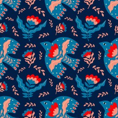 Vector seamless pattern of birds and flowers in folk art. For sublimation design, printing, poster design, postcard making, stationery, fabric printing, blog design, logos, packaging.
