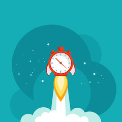 red stopwatch rocket ship with fire, clouds and stars. Fast time stop watch, limited offer, deadline symbol.