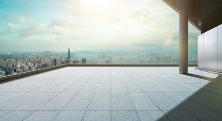 Perspective view of empty concrete tiles floor of rooftop