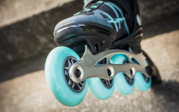 Close up of inline roller skates. Extreme sport. Lifestyle activity. Concept about sport and leisure