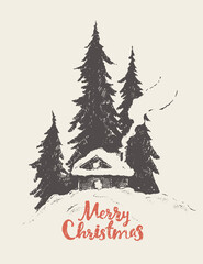 Merry Christmas card house forest vector sketch