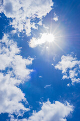 Naklejka na ściany i meble Blue sky with clouds and sun background