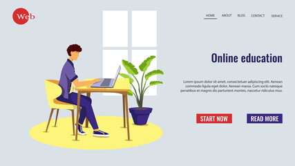 Web page template with man learning at home. Online education, e learning, courses concept. Vector illustration for website development, banner and poster.