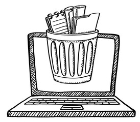 Cartoon style doodle  illustration of digital rubbish bin for files and data on laptop screen. Hand drawn doodle vector illustration.