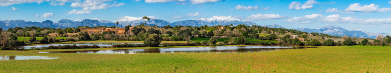 Fototapeta na wymiar Panoramic landscape view with small village on Mallorca island, Spain