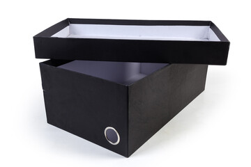 Empty black cardboard shoes box with removed inverted lid