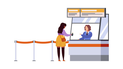 Woman travel registration airport terminal. Air flight check, passenger registers, waiting plane departure traveller with luggage modern flat cartoon vector concept