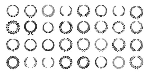 Laurel wheat emblem. Black branches silhouette in circle form for champion awards logo, heraldic trophy crest, prize or medal design elements, ornamental victory vector isolated set