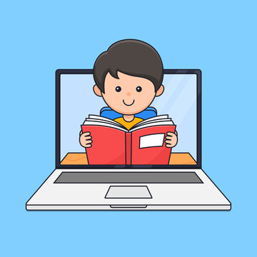 A boy enjoy reading for online studying on the laptop screen vector illustration. Modern digital teaching education concept outline cartoon style flat design.