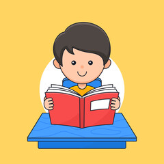 boy reading and studying on the classroom table vector outline cartoon style illustration