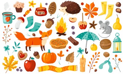 Autumn elements. Yellow falling leaves, plants and food, harvest festival and thanksgiving day attributes for card or poster, flat vector cartoon set