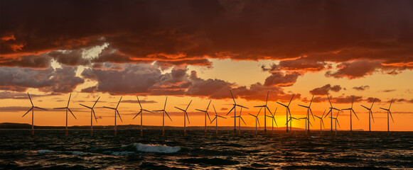 Wind farm in the sea during sunset