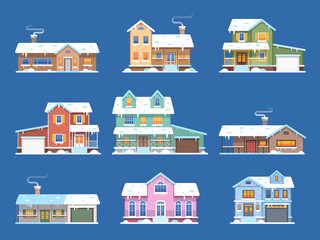Winter houses. Homes in snow, cottages and townhomes with garage and terrace, front view snowy buildings, christmas hotel resort, real estate flat vector isolated set