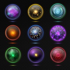 Magical crystal orbs. Glowing energy sphere and shiny lightning, spiritual glass globe occult prediction future, magic balls 3d vector set
