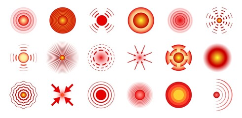 Red pain circles. Local pains concept, abstract symbol of ache, red and yellow hurt localization marker design element for painkiller advertisement vector isolated set