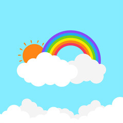 White cloud speech bubble cartoon with rainbow and sun on blue sky design bundle vector background