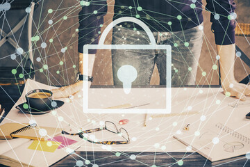 Man hands writing. With double exposure drawings.