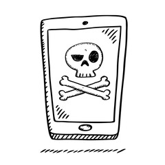 Cartoon style doodle of smartphone with virus infection. Hand drawn doodle vector illustration
