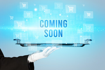 Waiter serving COMING SOON inscription, online shopping concept