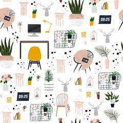 Home office work space flat seamless pattern. Indoor plants and stylish furniture texture background.