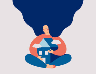 Young woman with long hair embraces her home with love and care. Stay home concept. Vector illustration