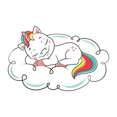 Unicorn sleeping on cloud. Cartoon vector illustration