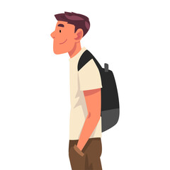 Tourist Man with Backpack, Side View, African Safari Travel, Cartoon Vector Illustration on White Background