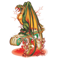 green dragon sitting on a vintage railing, isolated object on white background, vector illustration,