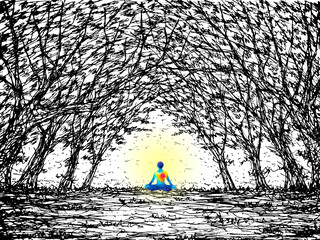 human mind spiritual meditation peace in tree forest watercolor painting hand drawing illustration design