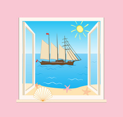 blue sea and sailing vessel behind open window - vector illustration of summer vacation